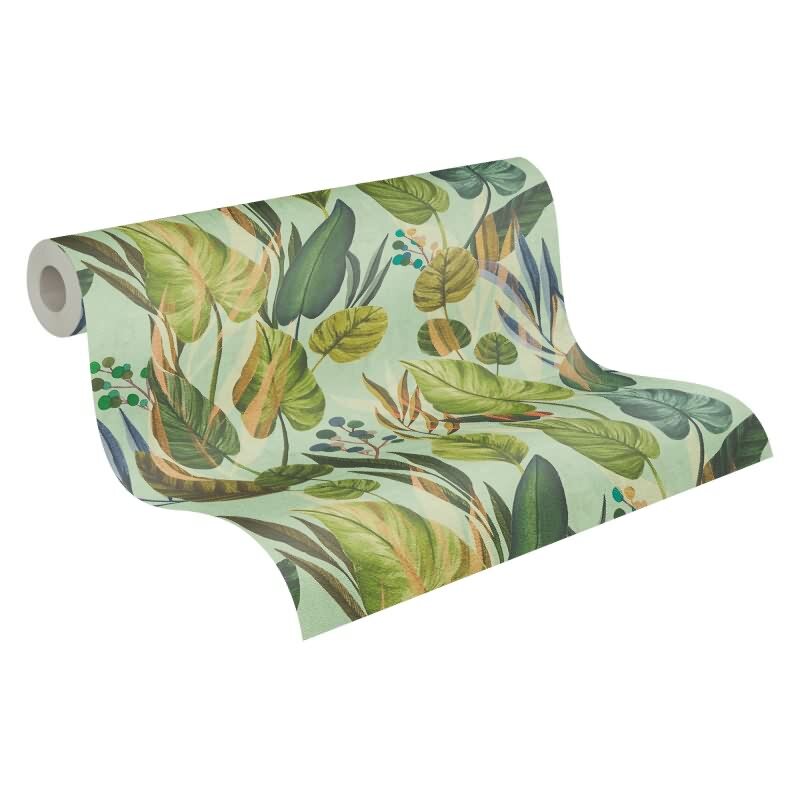 Tropische Tapete mit großflächigem Blattmotiv in Grüntönen auf mintgrünem Grund livingwalls (782191)