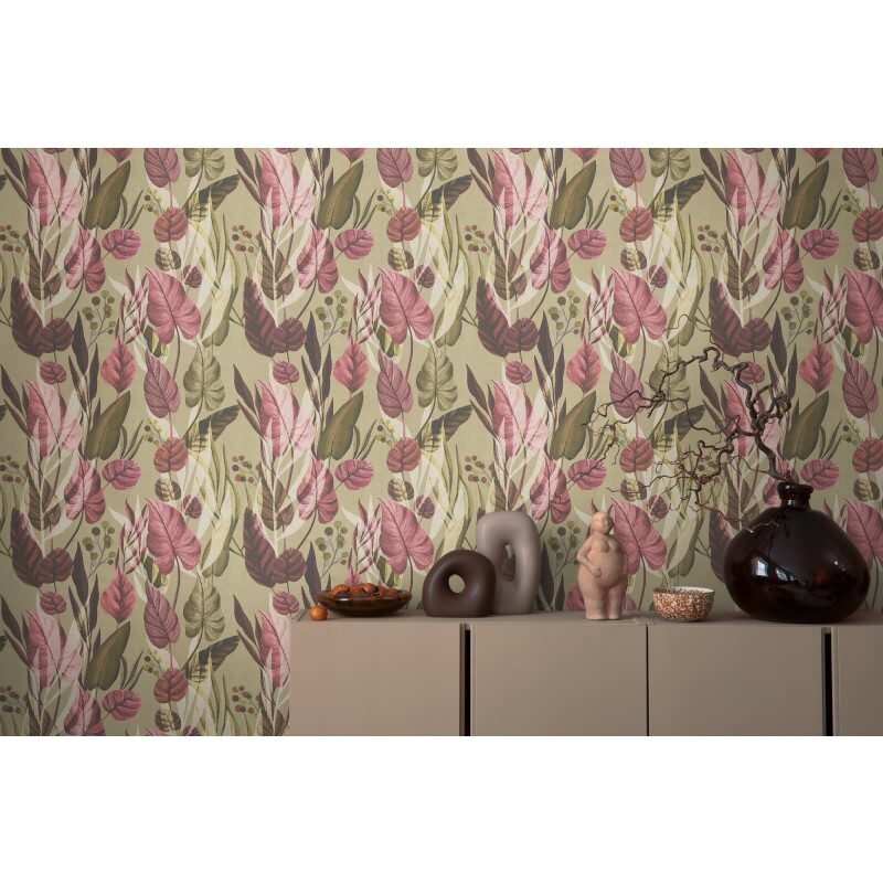 Tropische Tapete mit großem Blattmuster in Rosa- und Rottönen auf Beige livingwalls (782192)