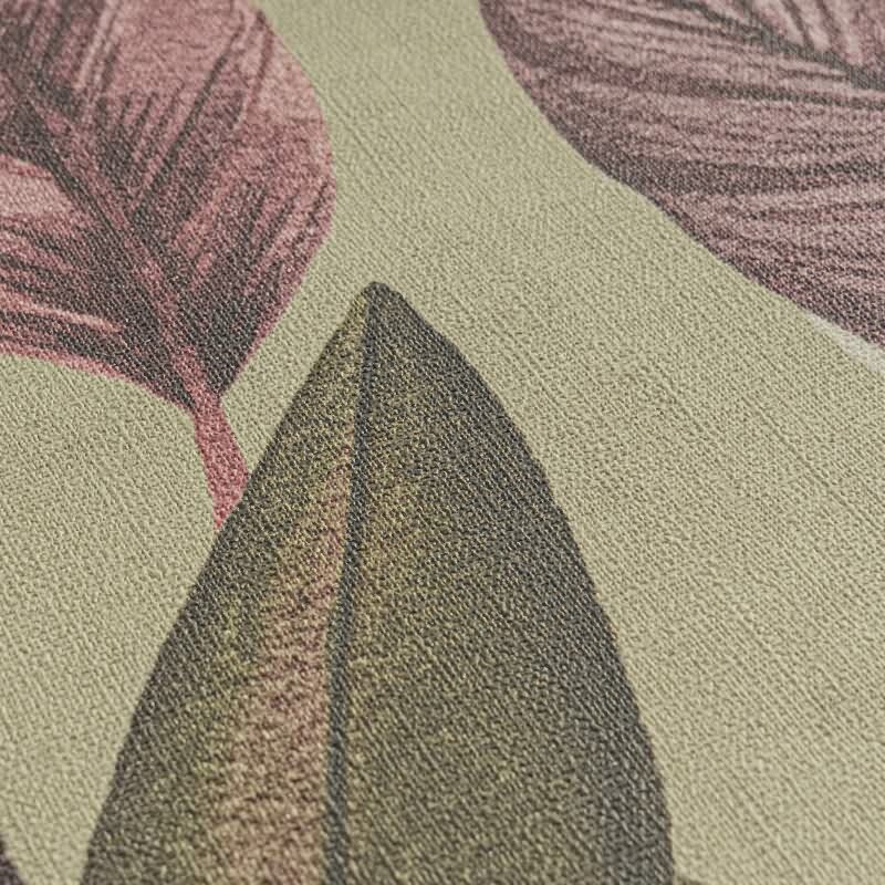 Tropische Tapete mit großem Blattmuster in Rosa- und Rottönen auf Beige livingwalls (782192)