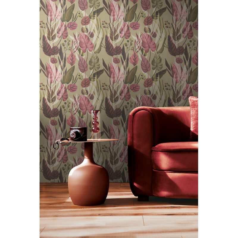 Tropische Tapete mit großem Blattmuster in Rosa- und Rottönen auf Beige livingwalls (782192)