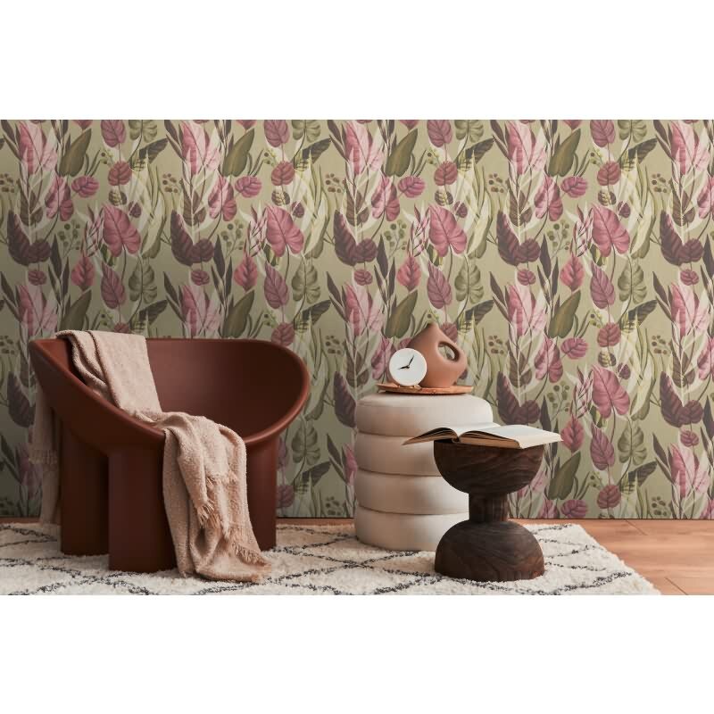 Tropische Tapete mit großem Blattmuster in Rosa- und Rottönen auf Beige livingwalls (782192)