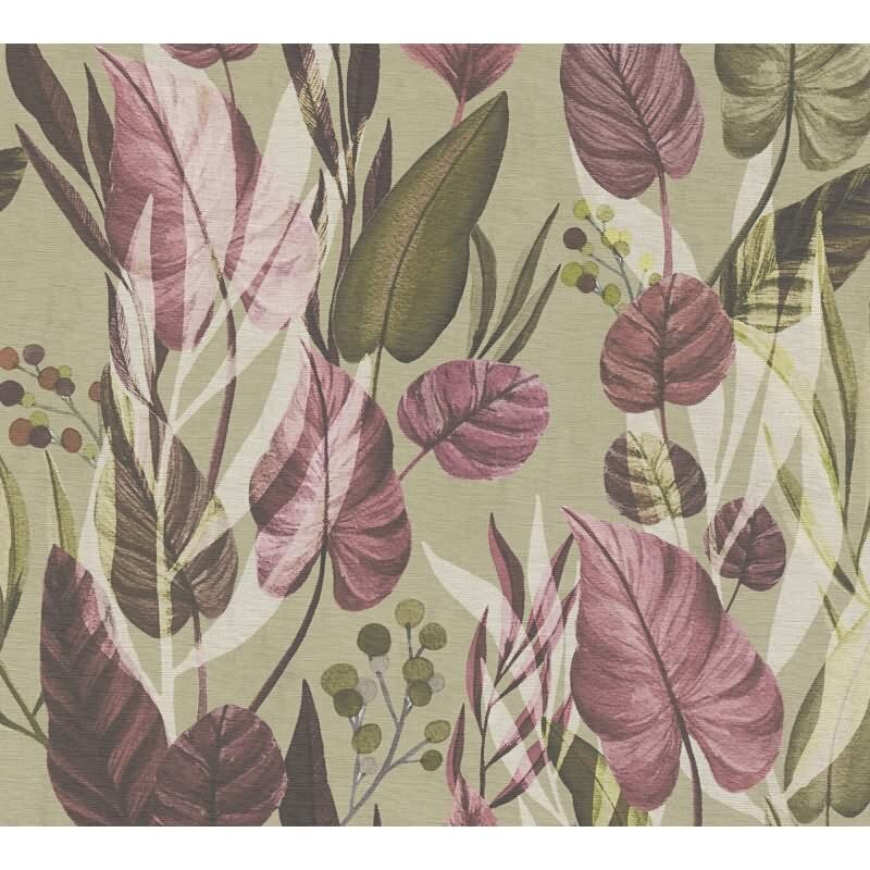 Tropische Tapete mit großem Blattmuster in Rosa- und Rottönen auf Beige livingwalls (782192)