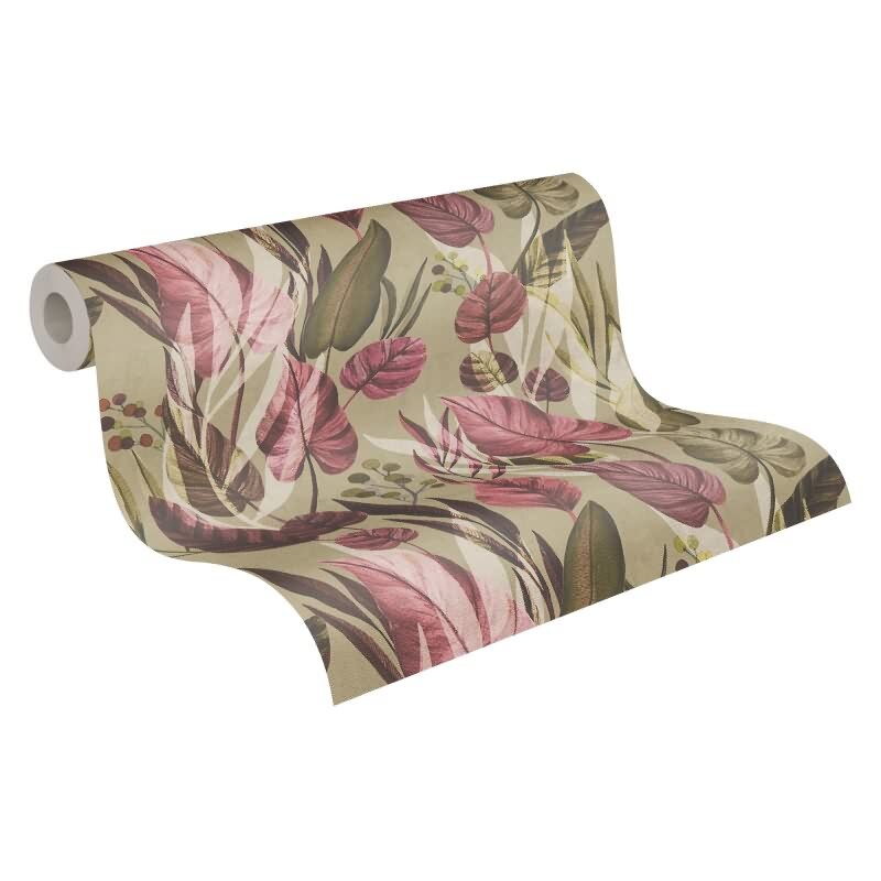 Tropische Tapete mit großem Blattmuster in Rosa- und Rottönen auf Beige livingwalls (782192)