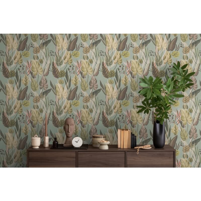 Tropische Tapete mit Blättern in Naturtönen auf Mintgrün livingwalls (782193)