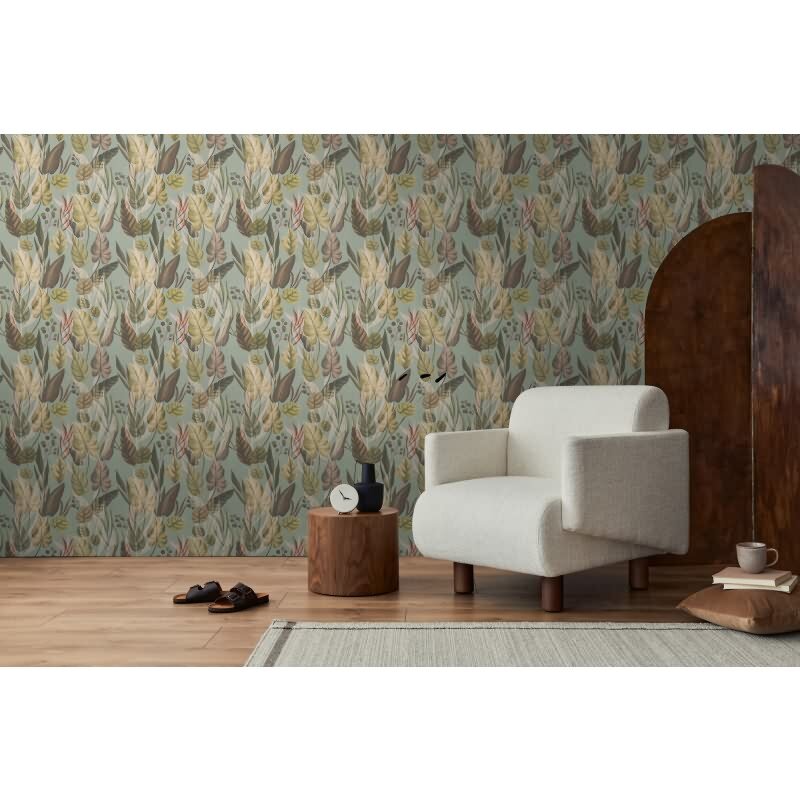 Tropische Tapete mit Blättern in Naturtönen auf Mintgrün livingwalls (782193)