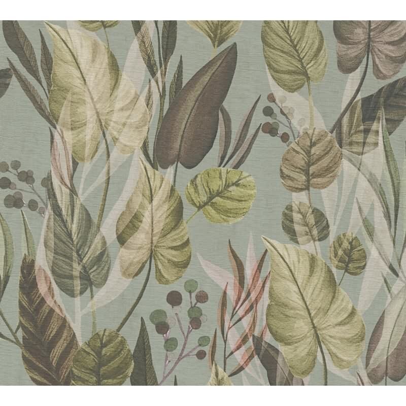 Tropische Tapete mit Blättern in Naturtönen auf Mintgrün livingwalls (782193)
