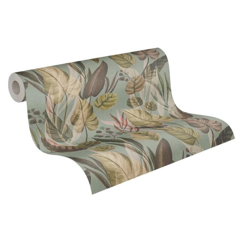 Tropische Tapete mit Blättern in Naturtönen auf Mintgrün livingwalls (782193)