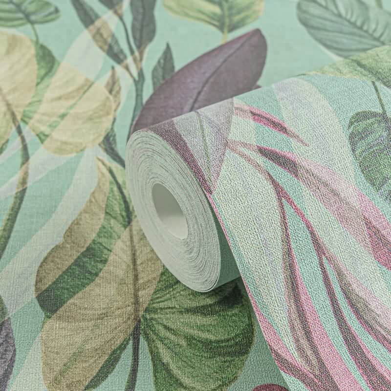 Tropische Tapete mit bunten Blättern auf Türkisgrün livingwalls (782194)