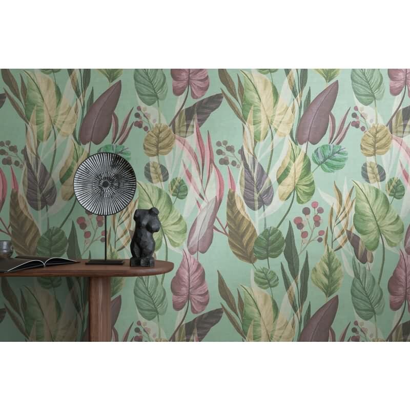 Tropische Tapete mit bunten Blättern auf Türkisgrün livingwalls (782194)