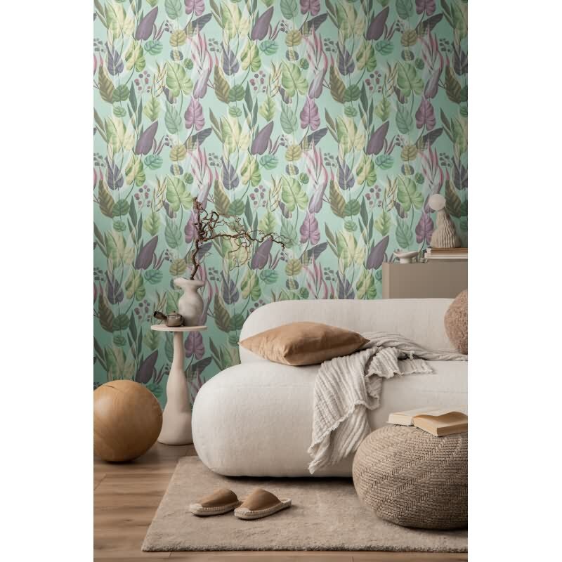 Tropische Tapete mit bunten Blättern auf Türkisgrün livingwalls (782194)