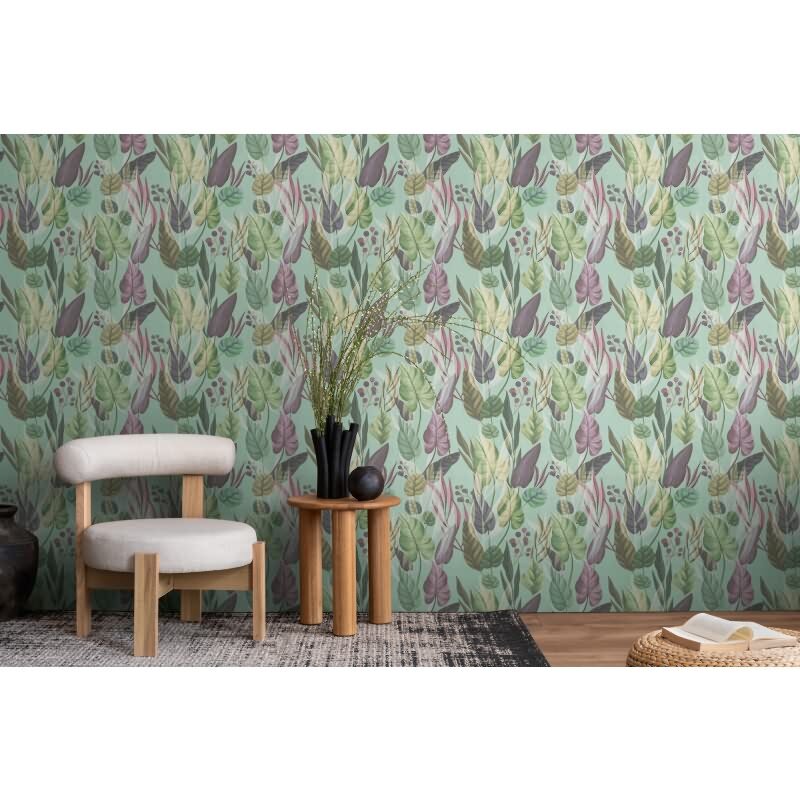 Tropische Tapete mit bunten Blättern auf Türkisgrün livingwalls (782194)