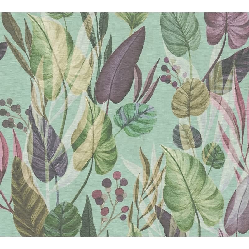 Tropische Tapete mit bunten Blättern auf Türkisgrün livingwalls (782194)