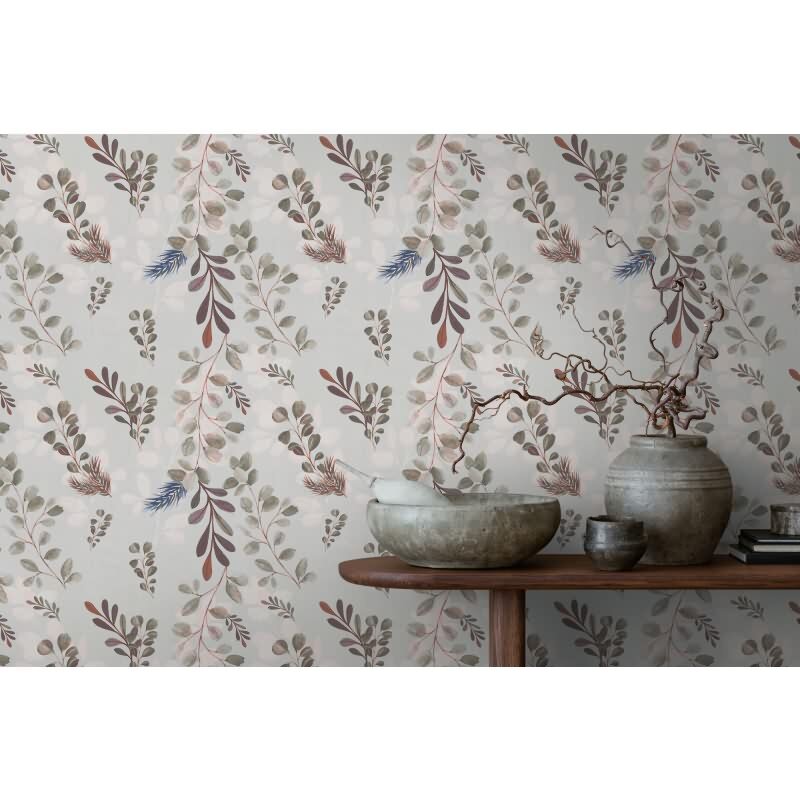 Pflanzen-Tapete Aquarelloptik Grau Rosa - Botanische livingwalls Vliestapete Beere Akzent (782212)