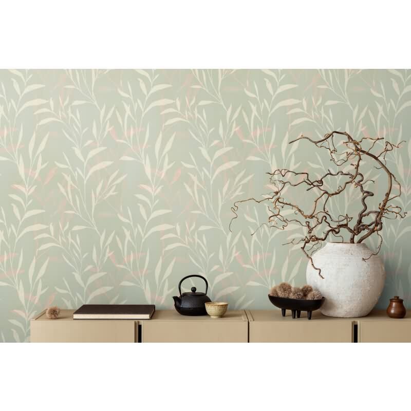Zweige-Tapete Salbeigrün Rosa - Zarte Pflanzenmotive - livingwalls Vliestapete modern (782221)