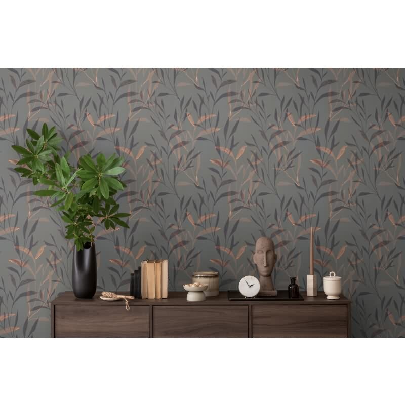 Zweige-Tapete Anthrazit Kupfer - Elegante Pflanzenmotive - livingwalls Vliestapete modern (782222)
