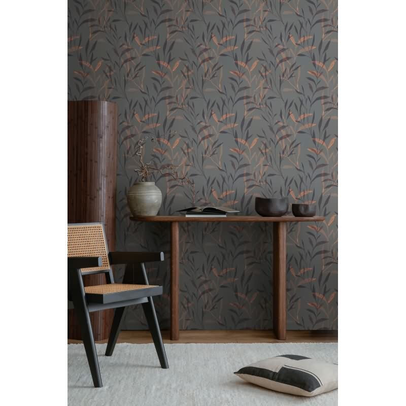 Zweige-Tapete Anthrazit Kupfer - Elegante Pflanzenmotive - livingwalls Vliestapete modern (782222)