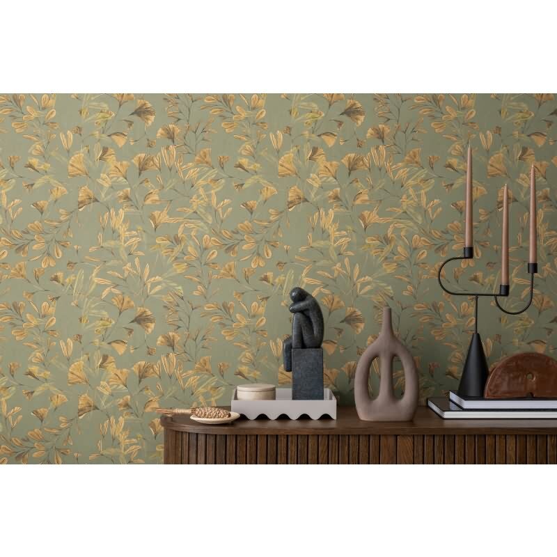 782231 Ginkgo-Tapete Grün Gold Blättermuster Botanical Vliestapete Naturmotiv livingwalls