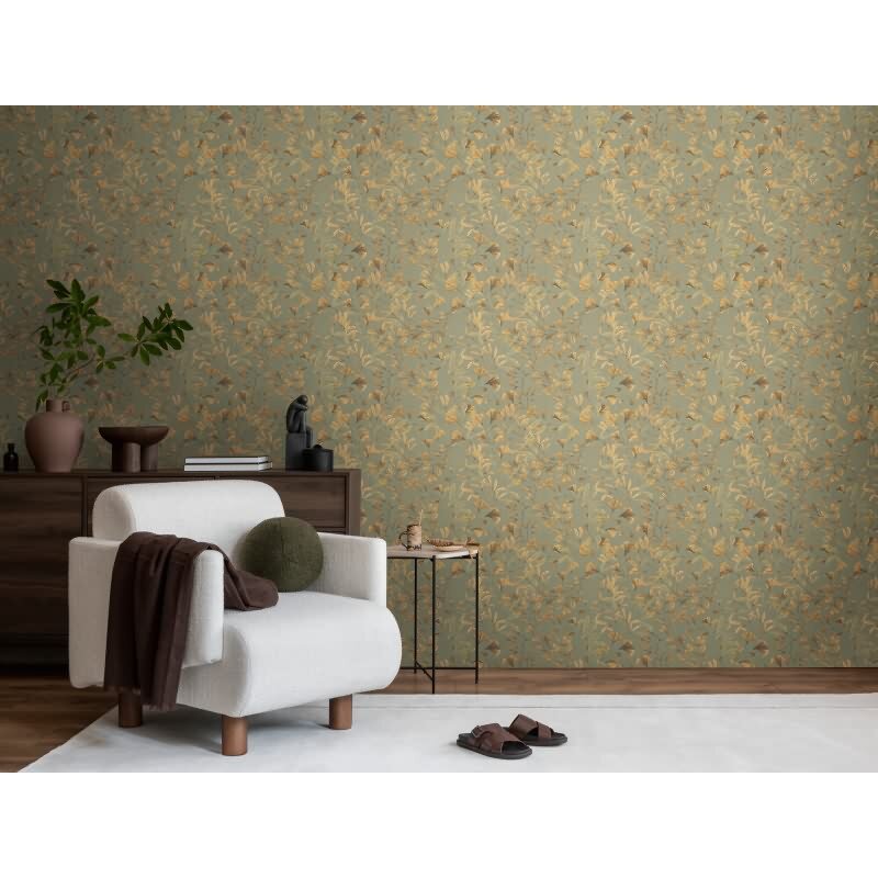 782231 Ginkgo-Tapete Grün Gold Blättermuster Botanical Vliestapete Naturmotiv livingwalls