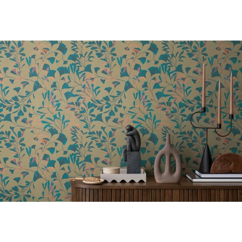 Ginkgo-Tapete Petrolblau Oliv - Moderne Blätter-Tapete - livingwalls Vliestapete mit Struktur (782232)