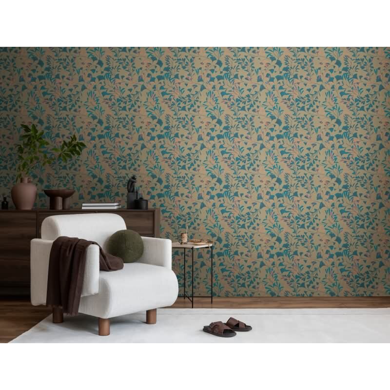 Ginkgo-Tapete Petrolblau Oliv - Moderne Blätter-Tapete - livingwalls Vliestapete mit Struktur (782232)