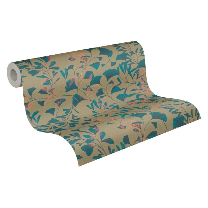 Ginkgo-Tapete Petrolblau Oliv - Moderne Blätter-Tapete - livingwalls Vliestapete mit Struktur (782232)