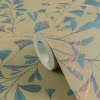 Ginkgo-Tapete Petrolblau Oliv - Moderne...