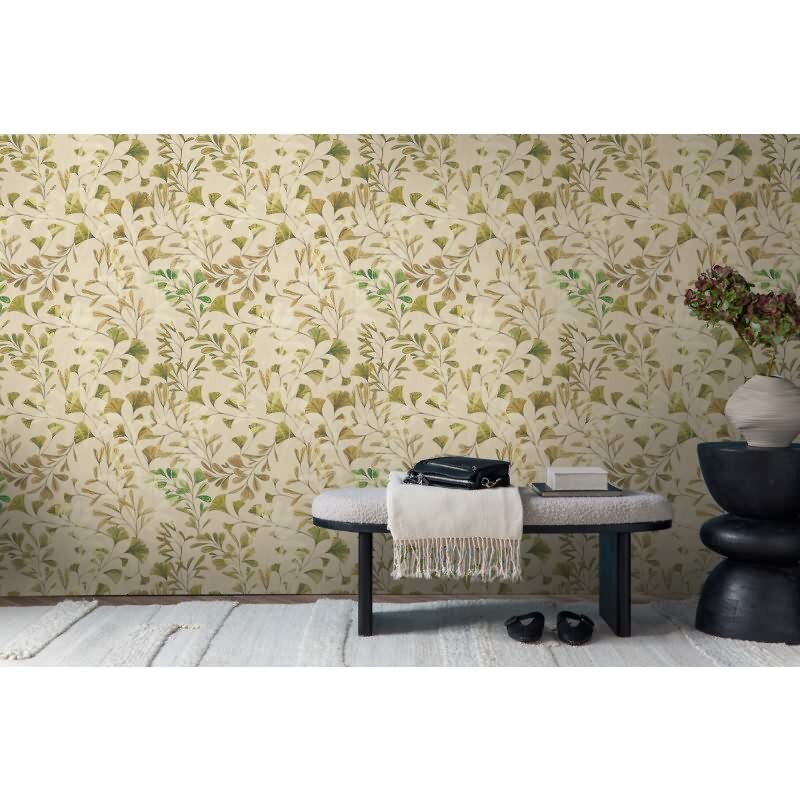 Ginkgo-Tapete Naturfarben Beige - Filigranes Blättermuster - livingwalls Vliestapete botanisch (782233)