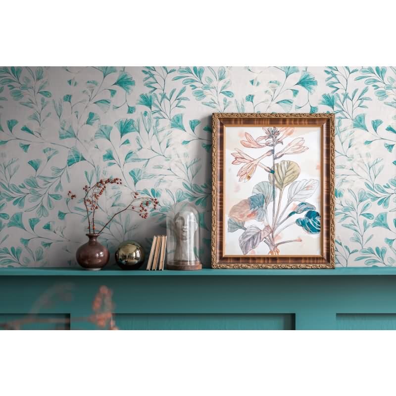 Ginkgo-Tapete Weiß Türkis - Filigrane Blätter-Tapete - livingwalls Vliestapete botanisch (782234)