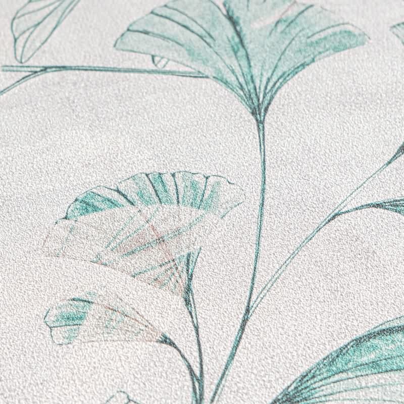 Ginkgo-Tapete Weiß Türkis - Filigrane Blätter-Tapete - livingwalls Vliestapete botanisch (782234)