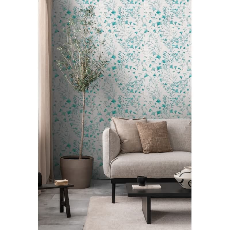Ginkgo-Tapete Weiß Türkis - Filigrane Blätter-Tapete - livingwalls Vliestapete botanisch (782234)