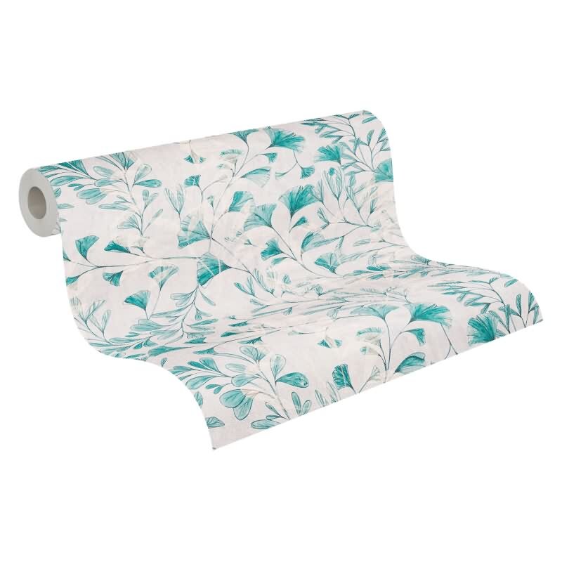 Ginkgo-Tapete Weiß Türkis - Filigrane Blätter-Tapete - livingwalls Vliestapete botanisch (782234)