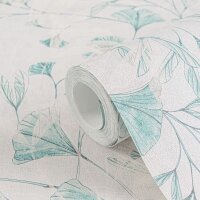 Ginkgo-Tapete Wei&szlig; T&uuml;rkis - Filigrane...