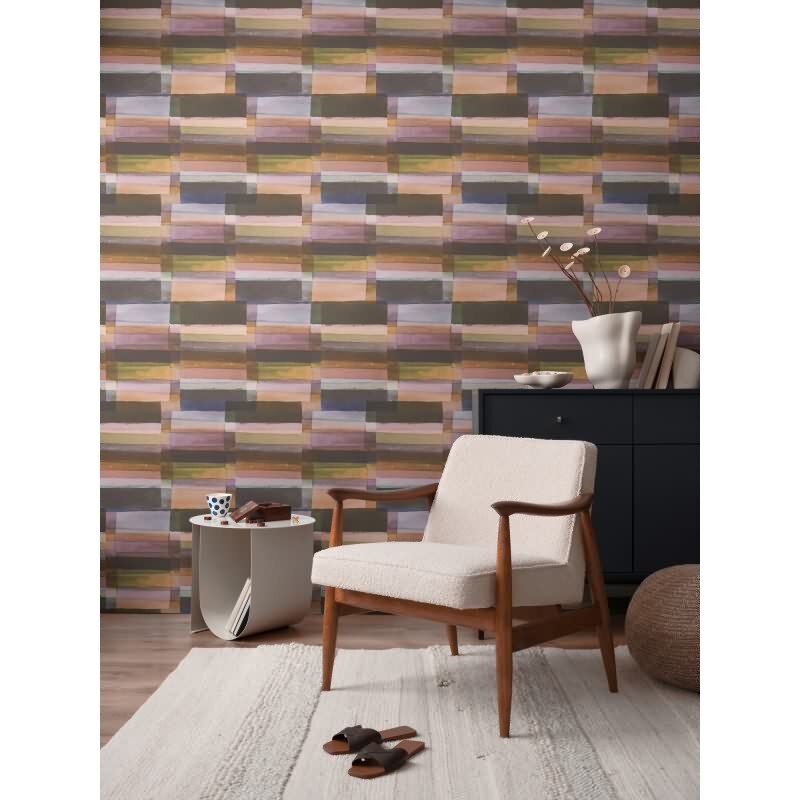 Aquarell-Tapete Braun Grün Violett - Künstlerische Kacheloptik - livingwalls Vliestapete modern (782252)