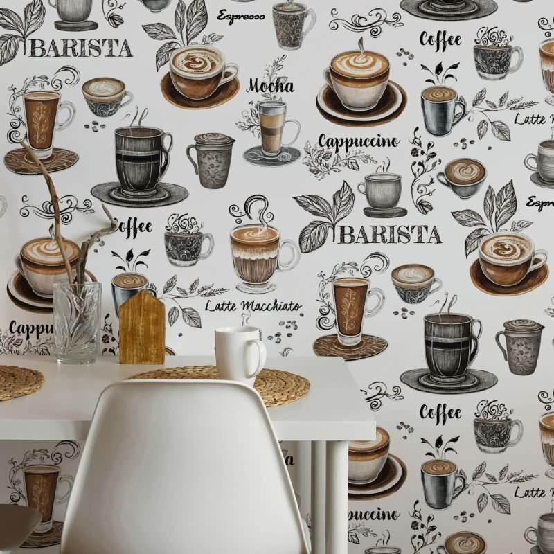 Vliestapete Kaffe, Küchenmotiv Grafisch Modern matt in Weiß Novamur (89043)