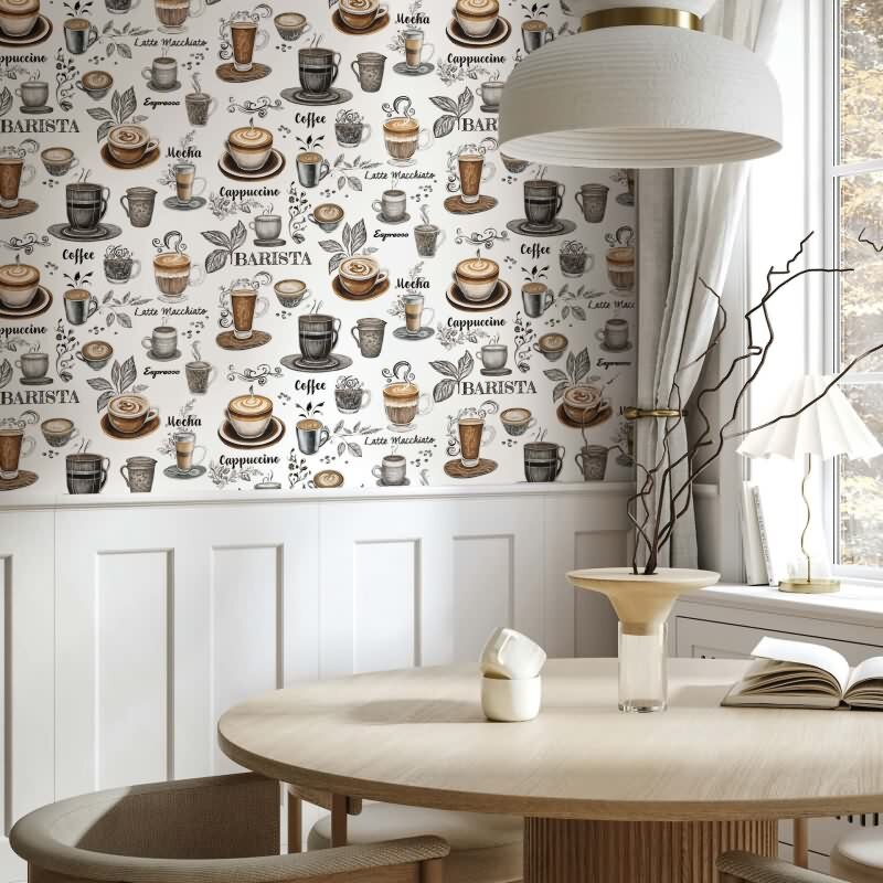 Vliestapete Kaffe, Küchenmotiv Grafisch Modern matt in Weiß Novamur (89043)