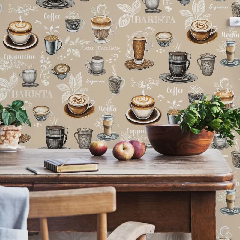 Vliestapete Kaffe, Küchenmotiv Grafisch Modern matt in Beige Novamur (89044)