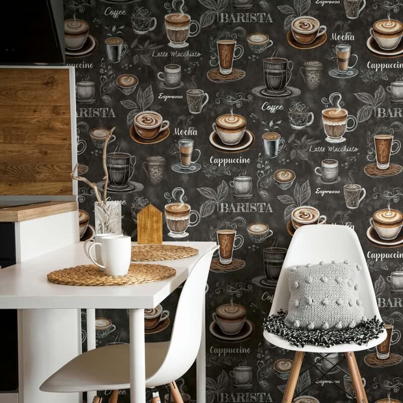 Vliestapete Kaffe, Küchenmotiv Grafisch Modern matt in Schwarz Novamur (89045)