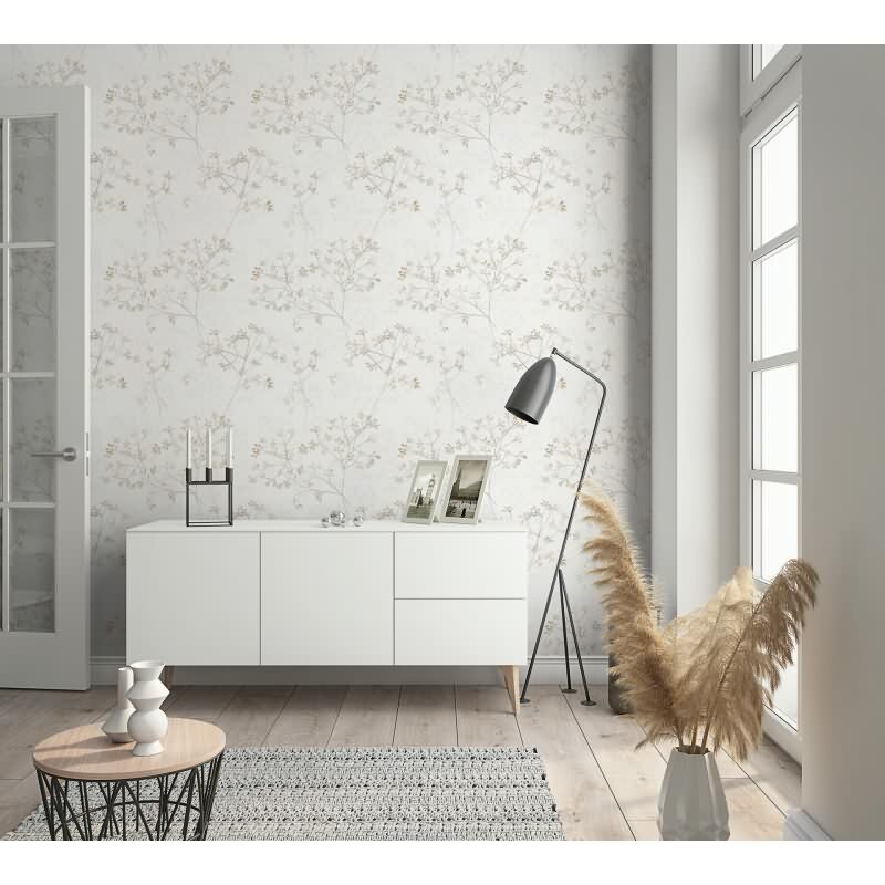 Vliestapete Blätter Floral Natur matt in Weiß für Wohnzimmer, Schlafzimmer, Küche (88933)