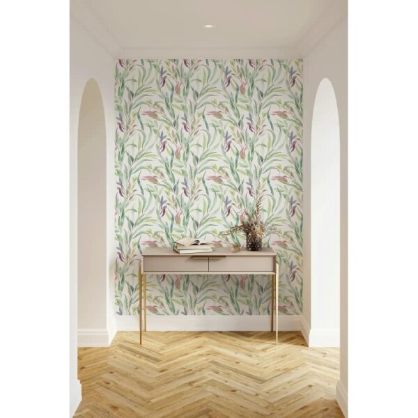 Vliestapete Blätter Floral Natur matt in Weiß für Wohnzimmer, Schlafzimmer, Küche (88961)