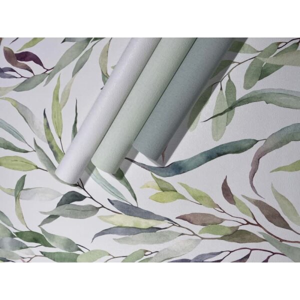 Vliestapete Blätter Floral Natur matt in Weiß für Wohnzimmer, Schlafzimmer, Küche (88961)