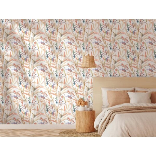 Vliestapete Blätter Floral Natur matt in Weiß für Wohnzimmer, Schlafzimmer, Küche (88962)