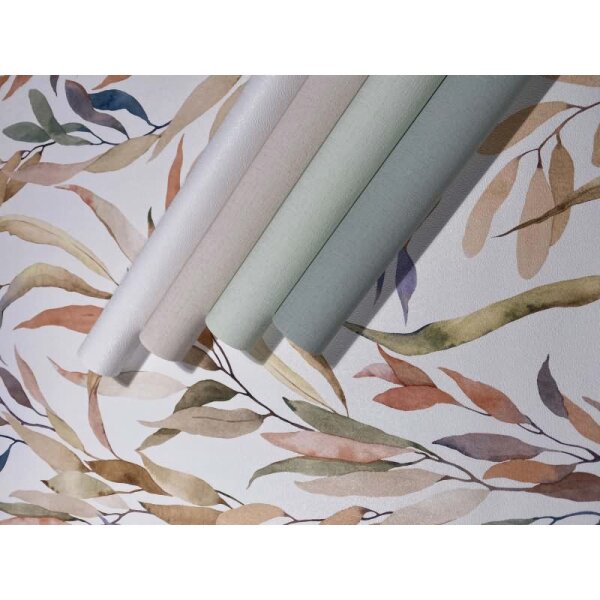 Vliestapete Blätter Floral Natur matt in Weiß für Wohnzimmer, Schlafzimmer, Küche (88962)