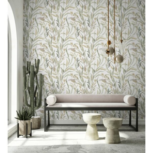 Vliestapete Blätter Floral Natur matt in Weiß für Wohnzimmer, Schlafzimmer, Küche (88963)