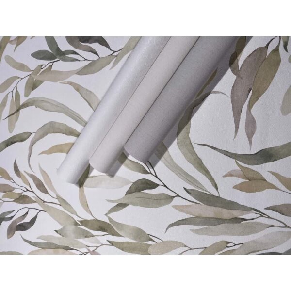 Vliestapete Blätter Floral Natur matt in Weiß für Wohnzimmer, Schlafzimmer, Küche (88963)