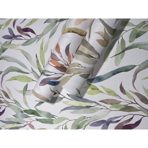 Vliestapete Blätter Floral Natur matt in Weiß für Wohnzimmer, Schlafzimmer, Küche (88963)