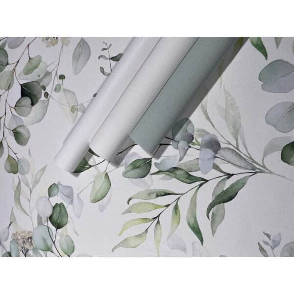 Vliestapete Blätter, Äste Floral Natur matt in Weiß für Wohnzimmer, Schlafzimmer, Küche (88974)