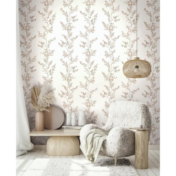 Vliestapete Blätter, Äste Floral Natur matt in Weiß für Wohnzimmer, Schlafzimmer, Küche (88990)