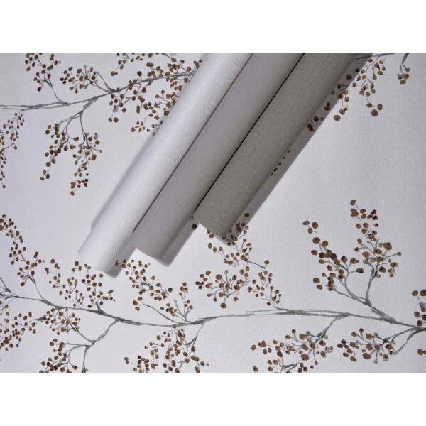Vliestapete Blätter, Äste Floral Natur matt in Weiß für Wohnzimmer, Schlafzimmer, Küche (88990)