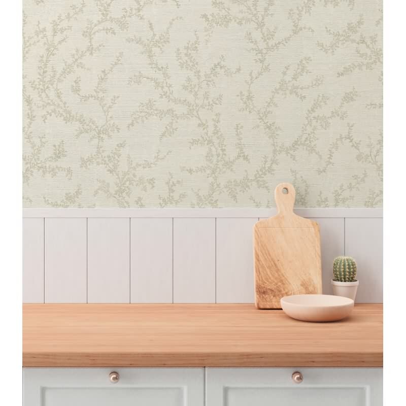 Florale Vliestapete Hellgrau Creme - Zweigmuster Ton-in-Ton - Tapete dezent & elegant (790903)