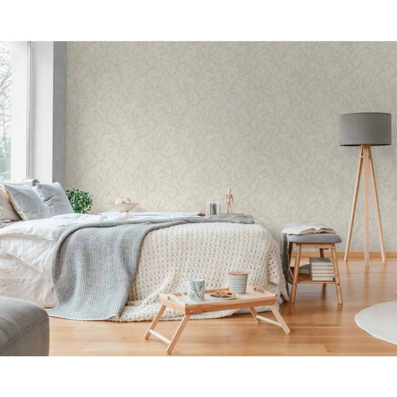 Florale Vliestapete Hellgrau Creme - Zweigmuster Ton-in-Ton - Tapete dezent & elegant (790903)